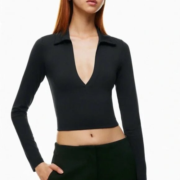 ARITZIA BABATON Long Sleeve Collared V-Neck Crop Top Black - Picture 1 of 5